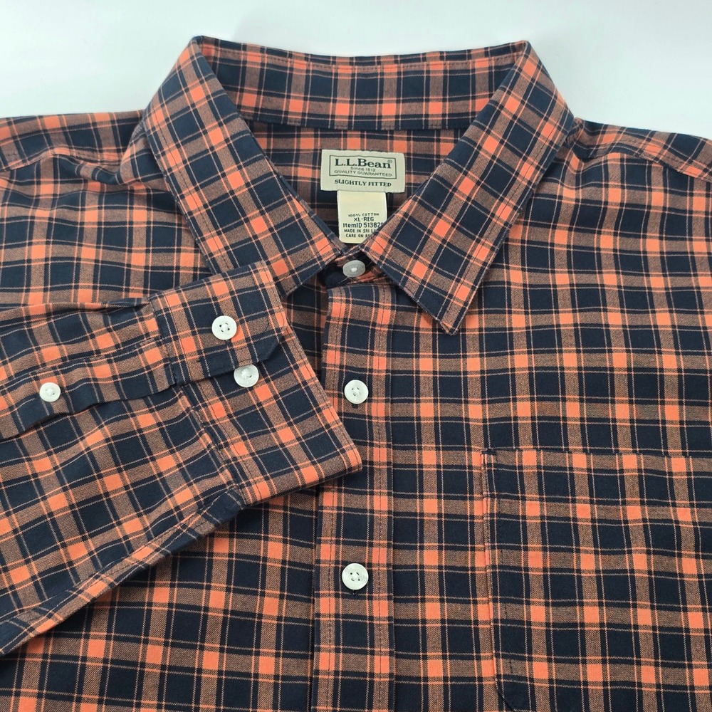 L.L. Bean Button Down Shirt Mens XL Orange Navy Plaid Slightly Fitted - Picture 2 of 16